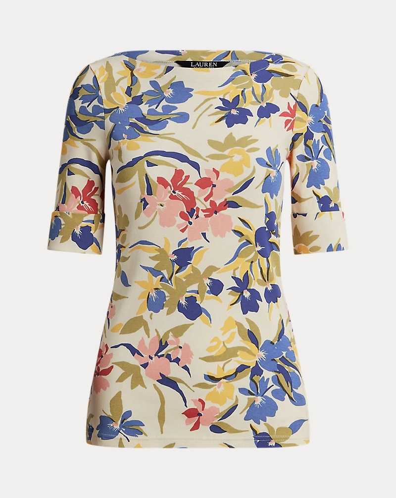Camiseta Ralph Lauren Floral Stretch Cotton Boatneck T-shirt Mujer Cream/Blue Multi | SINDERK-07 - vista 2