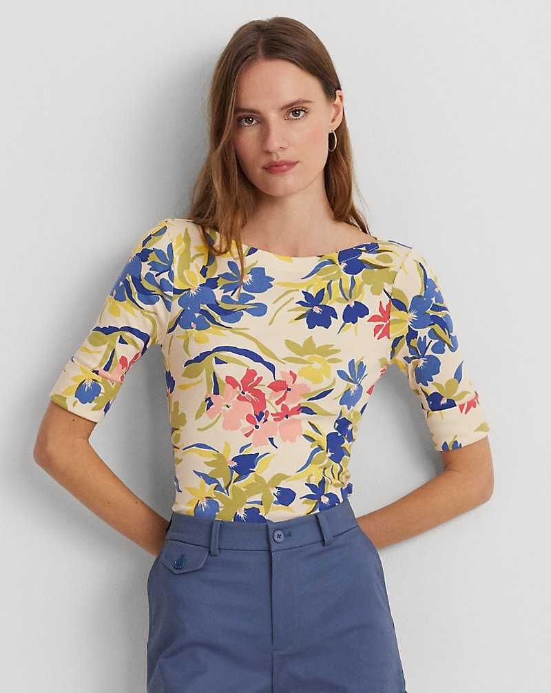 Camiseta Ralph Lauren Floral Stretch Cotton Boatneck T-shirt Mujer Cream/Blue Multi | SINDERK-07 - vista 1