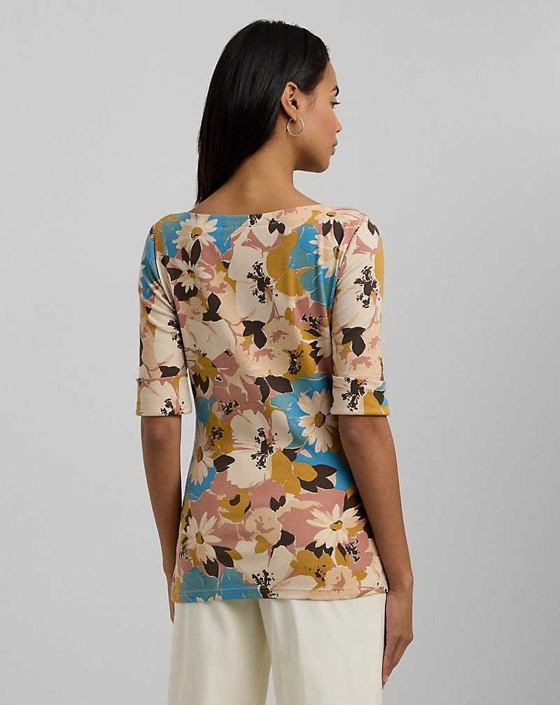 Camiseta Ralph Lauren Floral Stretch Cotton Boatneck T-shirt Mujer Creme | GUAMLTB-34 - vista 4