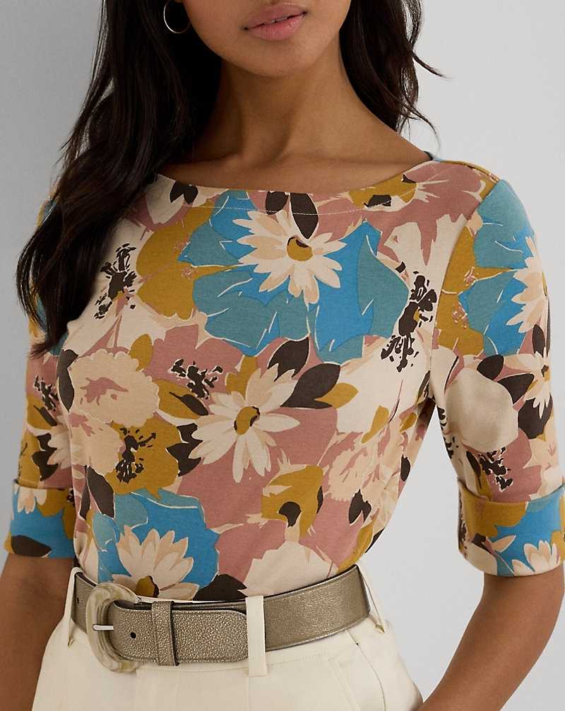 Camiseta Ralph Lauren Floral Stretch Cotton Boatneck T-shirt Mujer Creme | GUAMLTB-34 - vista 5