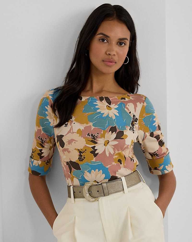Camiseta Ralph Lauren Floral Stretch Cotton Boatneck T-shirt Mujer Creme | GUAMLTB-34 - vista 1