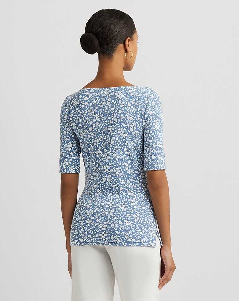Camiseta Ralph Lauren Floral Stretch Cotton Boatneck T-shirt Mujer Blue/Cream | DYCFZNW-45 - vista 4