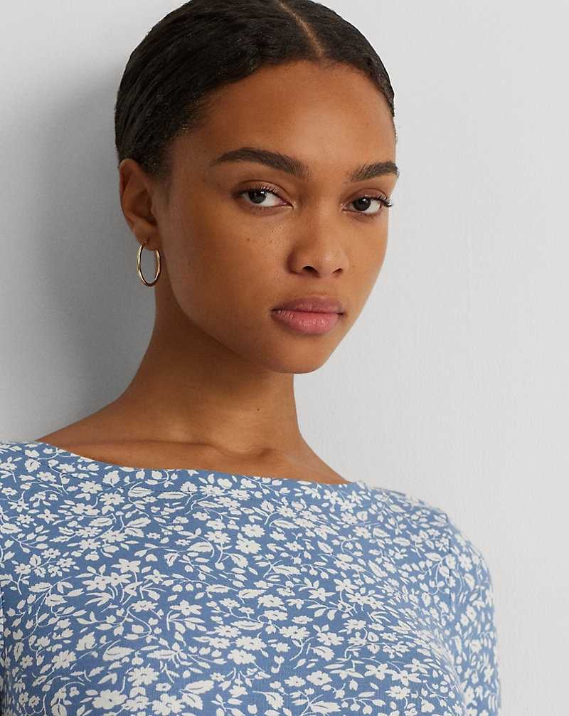 Camiseta Ralph Lauren Floral Stretch Cotton Boatneck T-shirt Mujer Blue/Cream | DYCFZNW-45 - vista 5