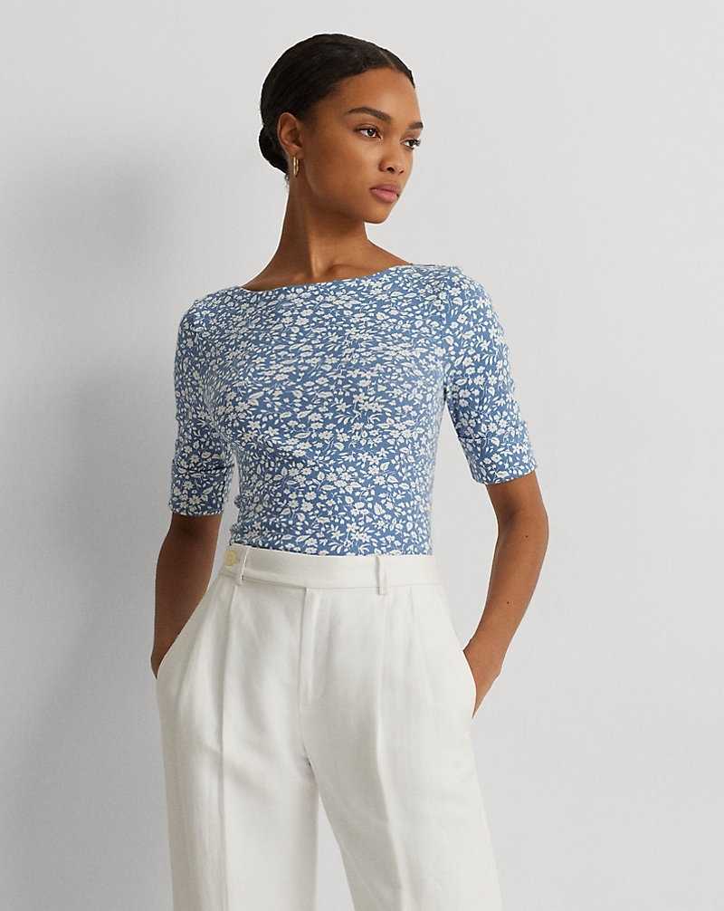 Camiseta Ralph Lauren Floral Stretch Cotton Boatneck T-shirt Mujer Blue/Cream | DYCFZNW-45 - vista 1