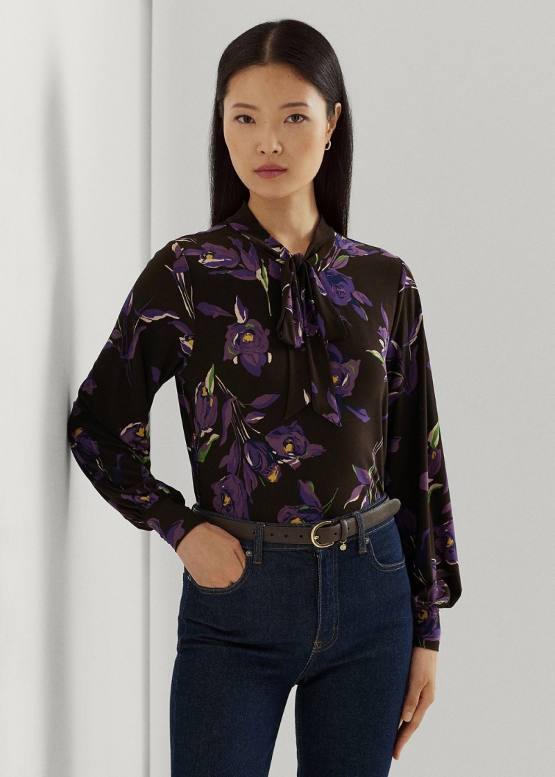Camiseta Floral Stretch Jersey Tie-Neck Top Mujer Multicolor | DAIE65741 - vista 1