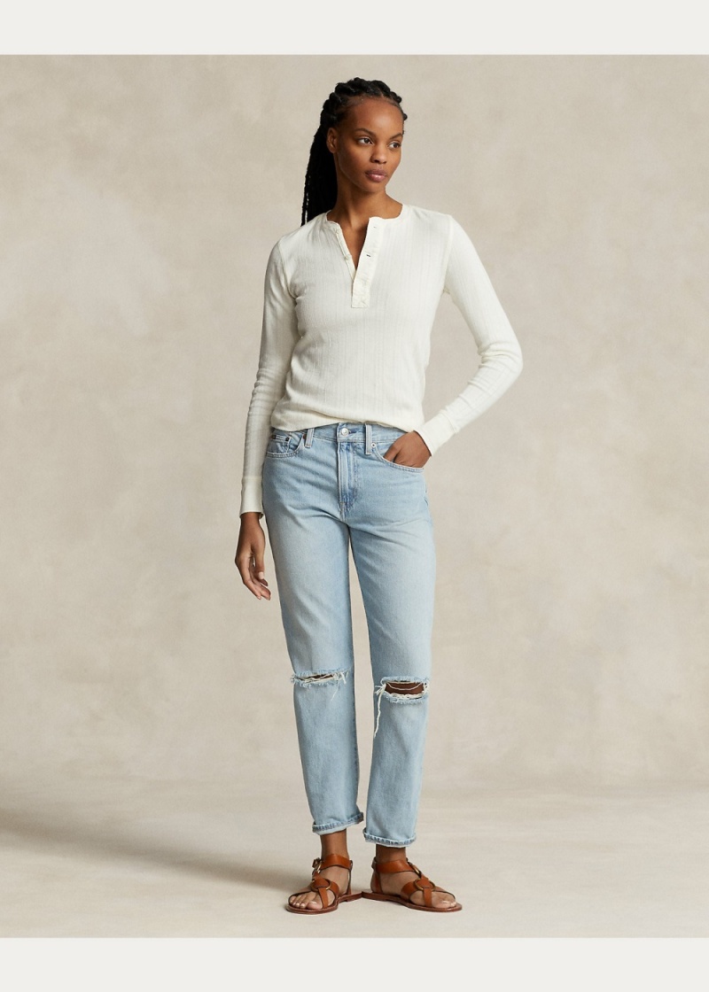 Camiseta Knit Algodon Henley Shirt Mujer Creme | ILTK35741 - vista 3
