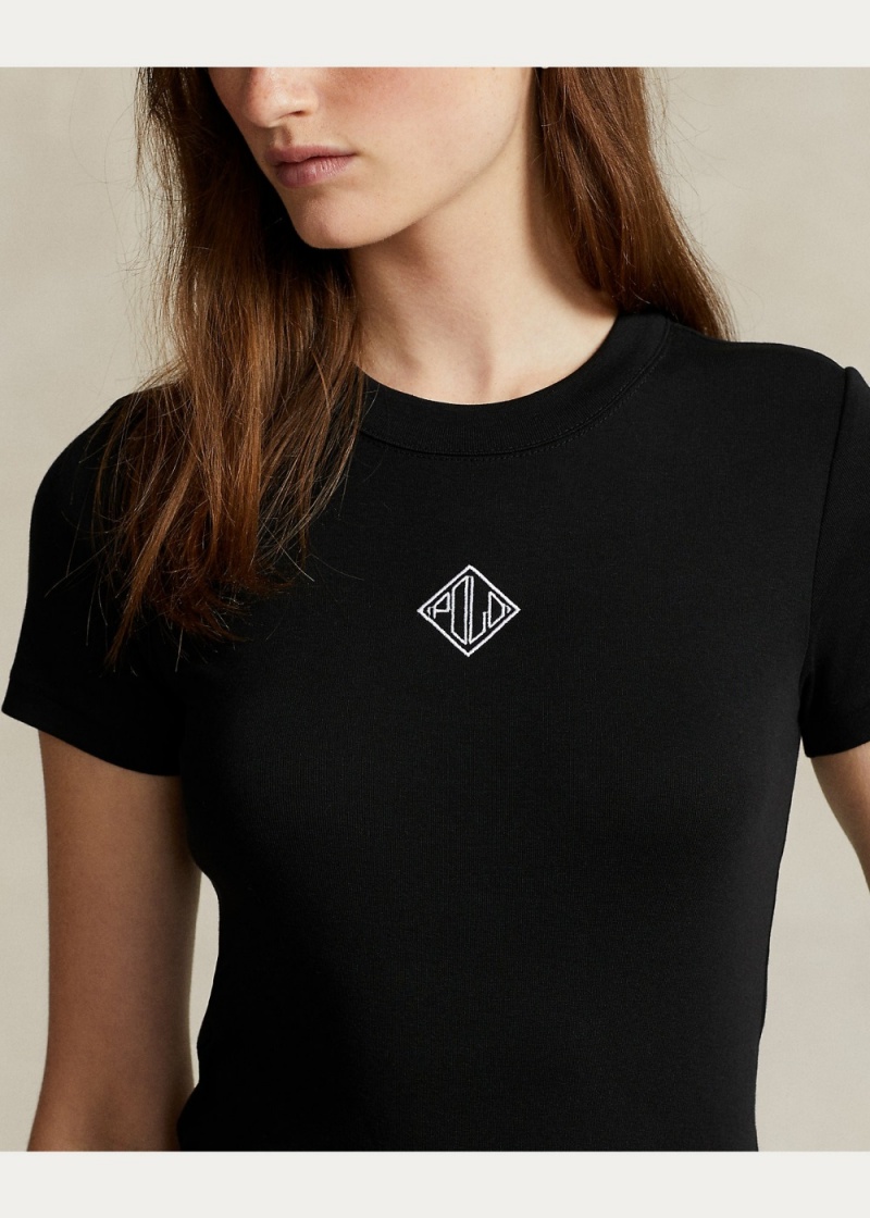 Camiseta Logo-Embroidered Jersey Mujer Negros | IQUS56872 - vista 3