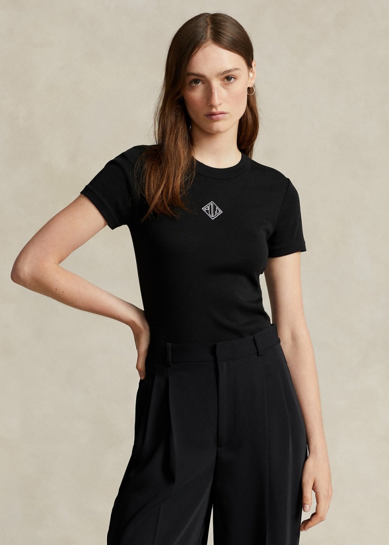 Camiseta Logo-Embroidered Jersey Mujer Negros | IQUS56872 - vista 1