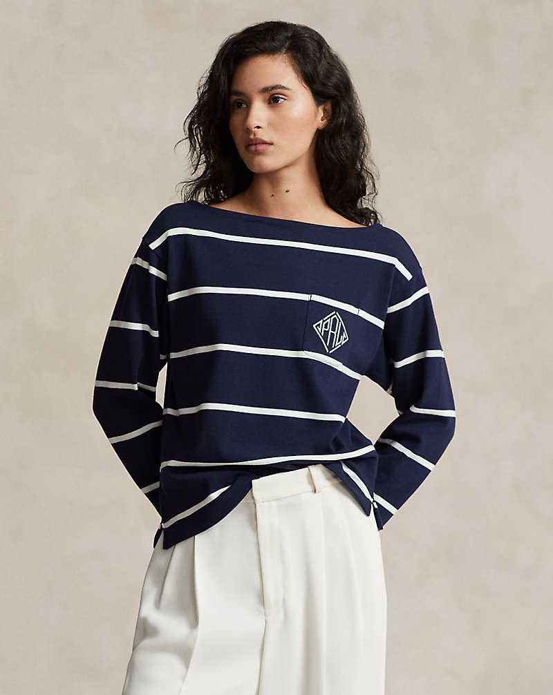 Camiseta Ralph Lauren Monogram Logo Striped Jersey Mujer Cruise Navy/Deckwash Whit | BZTAMKL-98 - vista 1