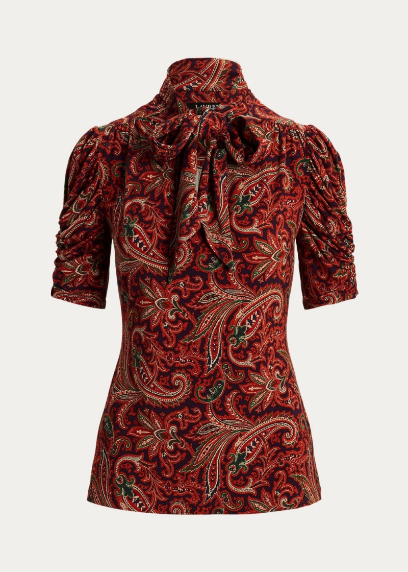 Camiseta Paisley Jersey Puff-Sleeve Tie-Neck Top Mujer Multicolor | ZQCO06498 - vista 2