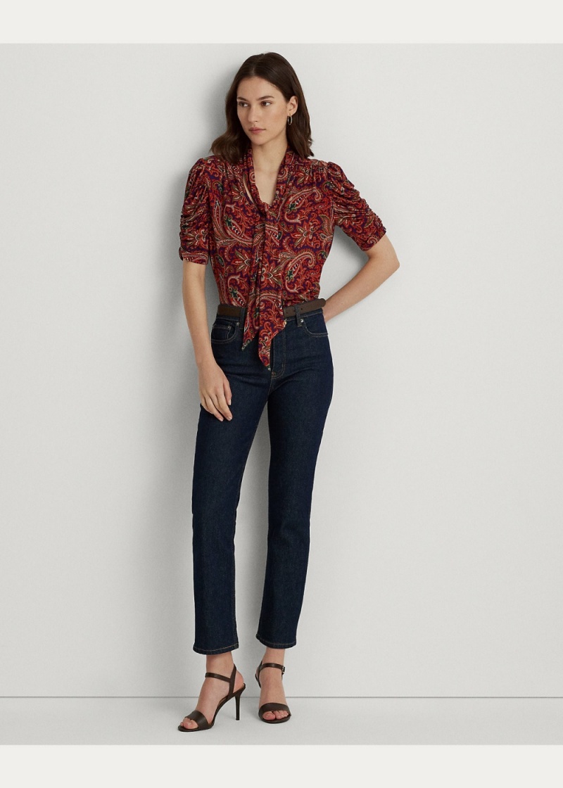 Camiseta Paisley Jersey Puff-Sleeve Tie-Neck Top Mujer Multicolor | ZQCO06498 - vista 3