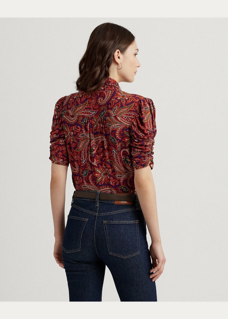 Camiseta Paisley Jersey Puff-Sleeve Tie-Neck Top Mujer Multicolor | ZQCO06498 - vista 4