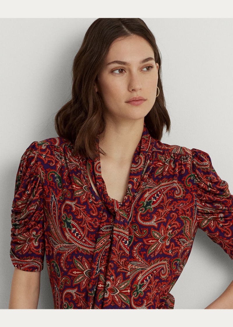 Camiseta Paisley Jersey Puff-Sleeve Tie-Neck Top Mujer Multicolor | ZQCO06498 - vista 5