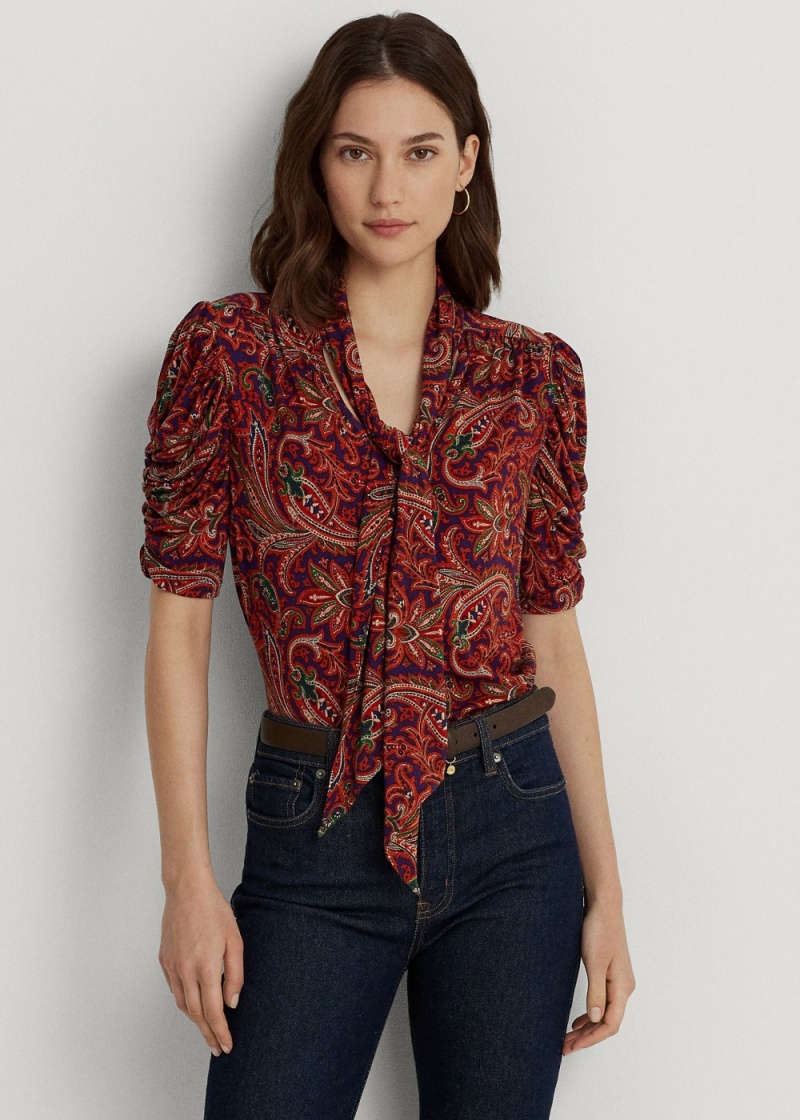Camiseta Paisley Jersey Puff-Sleeve Tie-Neck Top Mujer Multicolor | ZQCO06498 - vista 1