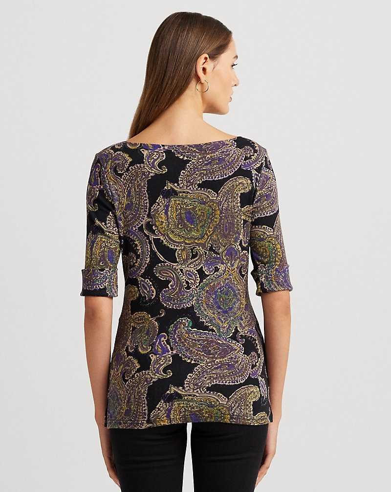 Camiseta Ralph Lauren Paisley Stretch Cotton Boatneck Mujer Black/Yellow/Multi | XBSWIAZ-28 - vista 4