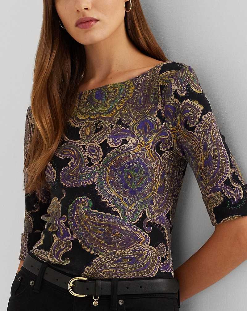 Camiseta Ralph Lauren Paisley Stretch Cotton Boatneck Mujer Black/Yellow/Multi | XBSWIAZ-28 - vista 5