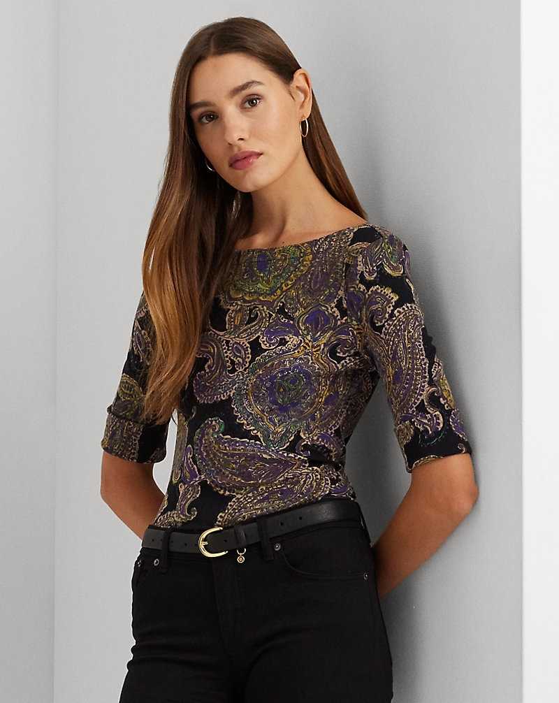 Camiseta Ralph Lauren Paisley Stretch Cotton Boatneck Mujer Black/Yellow/Multi | XBSWIAZ-28 - vista 1