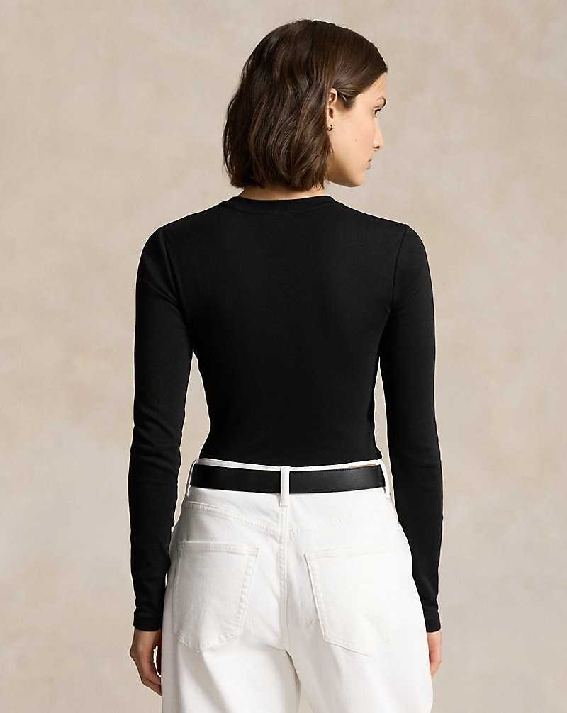 Camiseta Ralph Lauren Rib-knit Cotton Long-Sleeve Mujer Negros | QFXJGSI-05 - vista 4