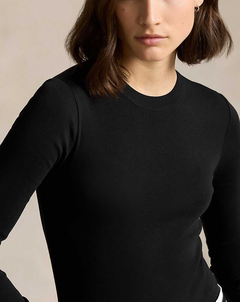 Camiseta Ralph Lauren Rib-knit Cotton Long-Sleeve Mujer Negros | QFXJGSI-05 - vista 5