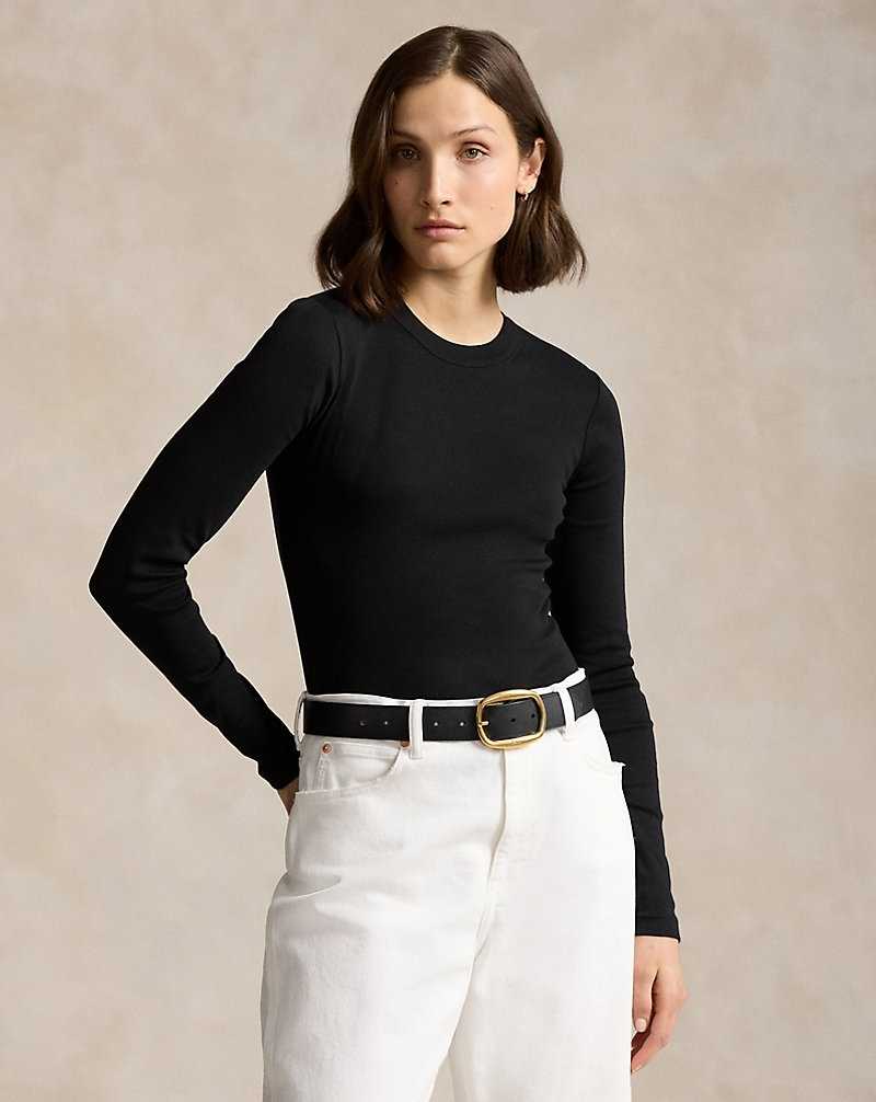 Camiseta Ralph Lauren Rib-knit Cotton Long-Sleeve Mujer Negros | QFXJGSI-05 - vista 1