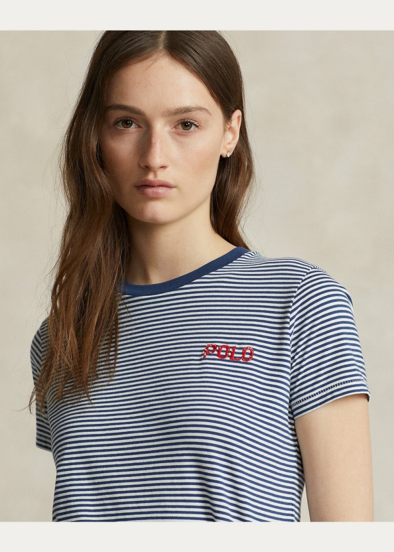 Camiseta Shrunken Fit Logo A Rayas Jersey Mujer Blancos | UKNX97301 - vista 5