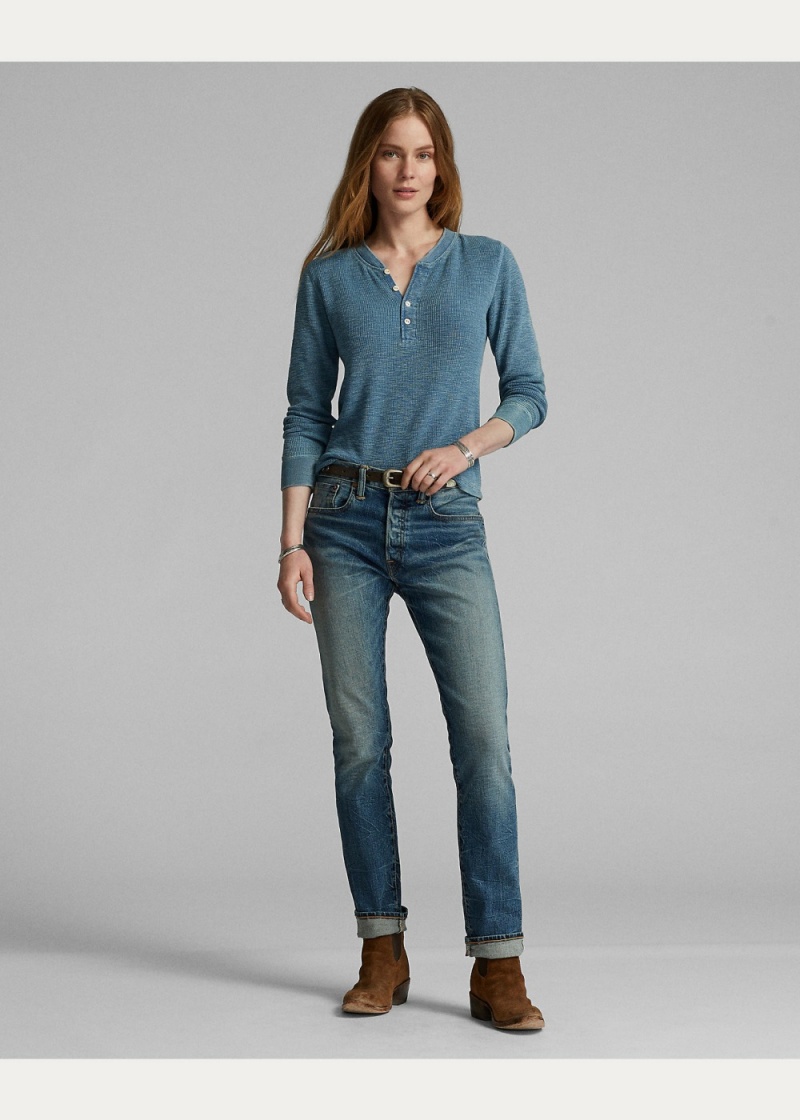 Camiseta Stretch-Algodon Waffle Henley Mujer Azules | SBJH27041 - vista 2