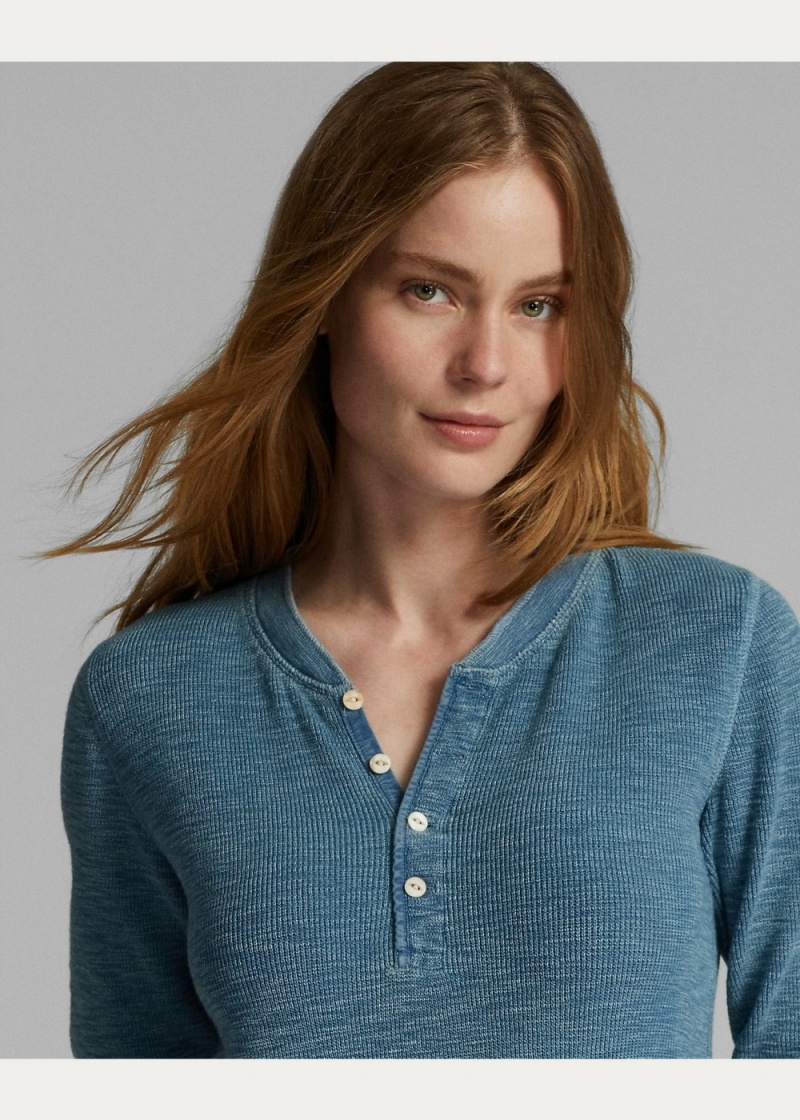 Camiseta Stretch-Algodon Waffle Henley Mujer Azules | SBJH27041 - vista 4