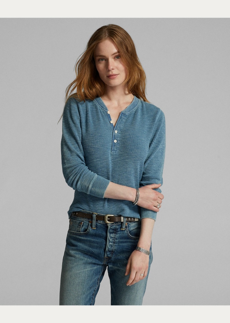 Camiseta Stretch-Algodon Waffle Henley Mujer Azules | SBJH27041 - vista 7