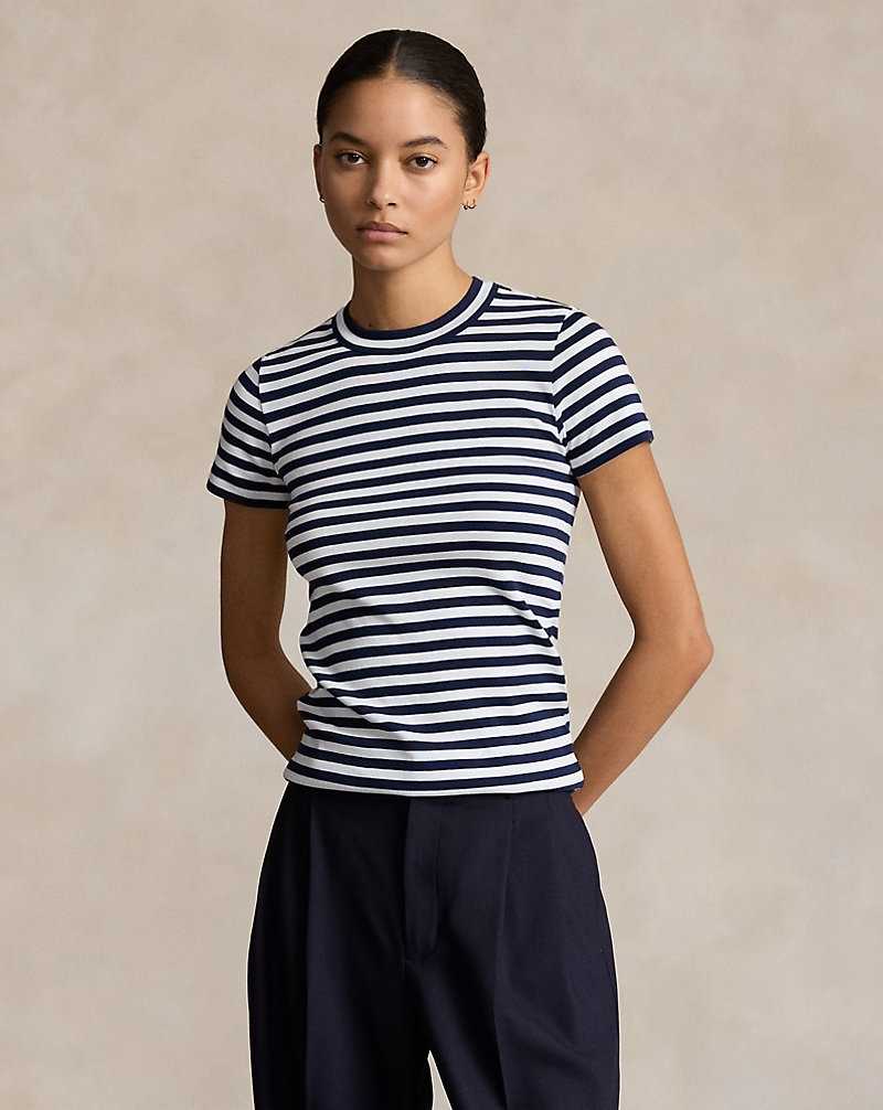 Camiseta Ralph Lauren Striped Rib-Knit Cotton Crewneck Mujer Cruise Navy/White | SGQNUDV-13 - vista 5