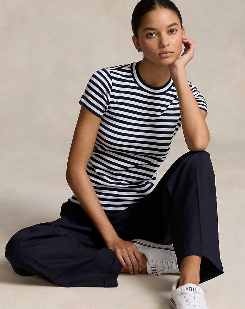 Camiseta Ralph Lauren Striped Rib-Knit Cotton Crewneck Mujer Cruise Navy/White | SGQNUDV-13 - vista 1