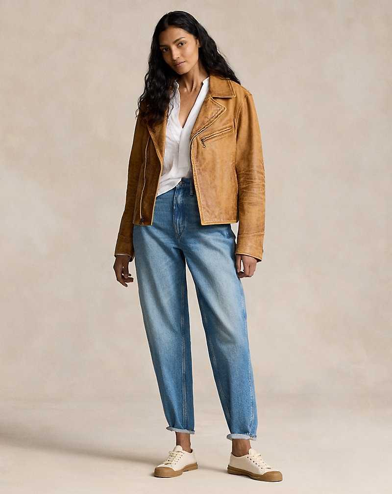Chamarras Ralph Lauren Burnished Leather Moto Mujer Marrom | UKWQTXC-96 - vista 3