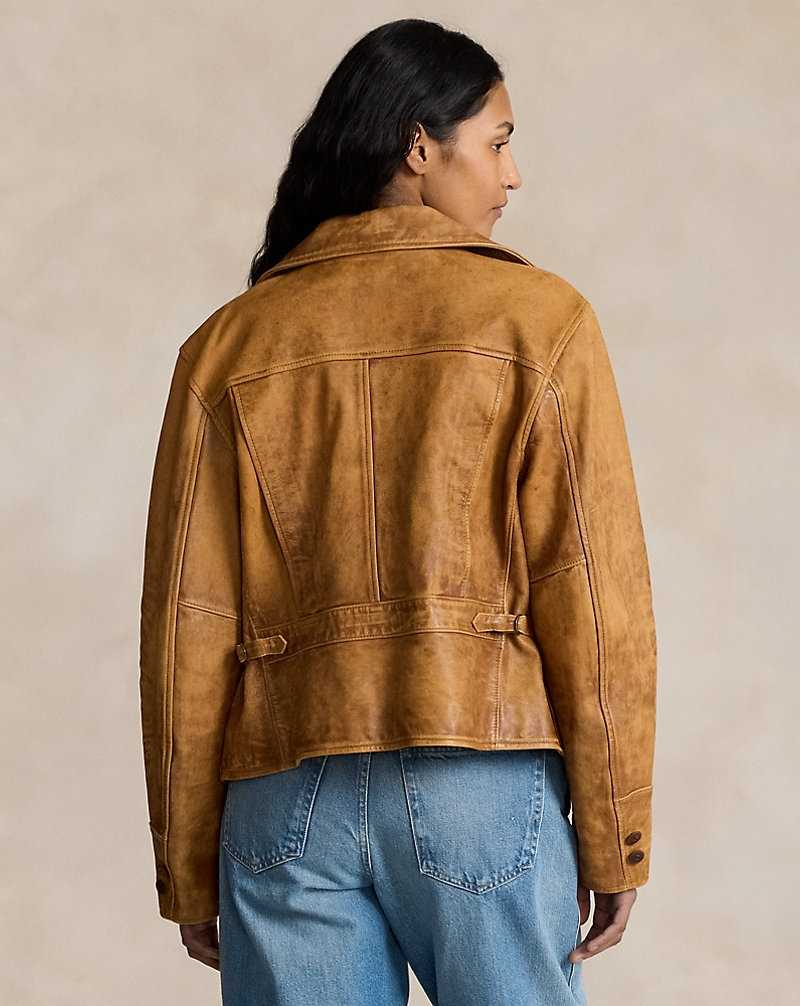 Chamarras Ralph Lauren Burnished Leather Moto Mujer Marrom | UKWQTXC-96 - vista 4