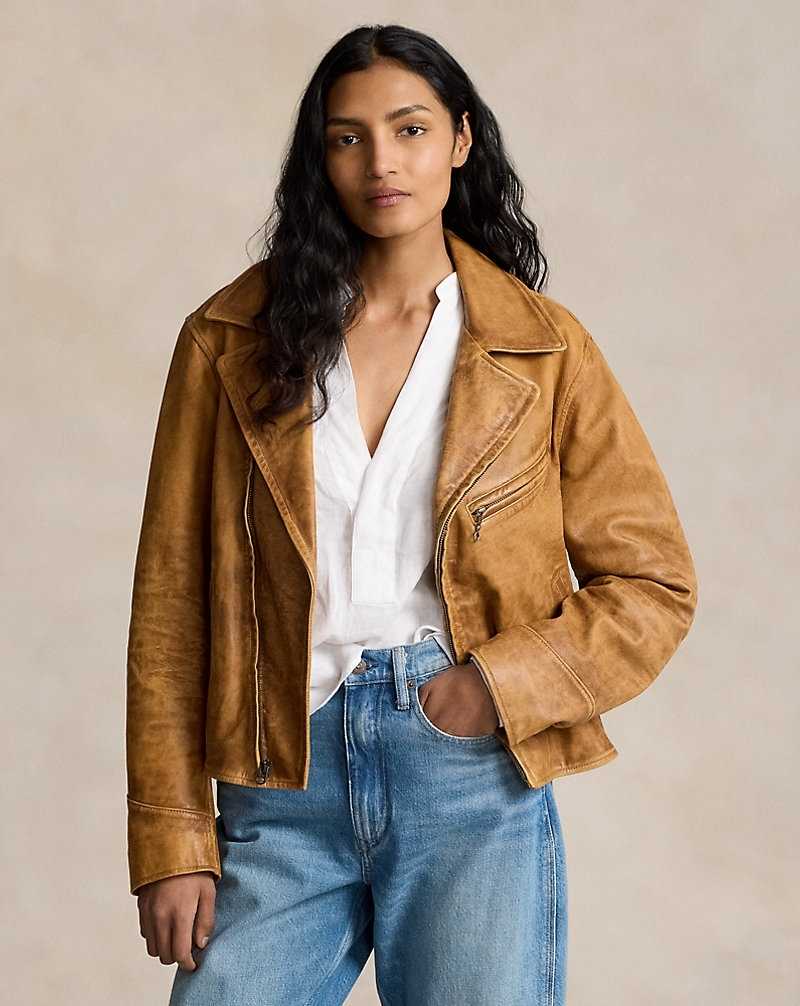 Chamarras Ralph Lauren Burnished Leather Moto Mujer Marrom | UKWQTXC-96 - vista 1