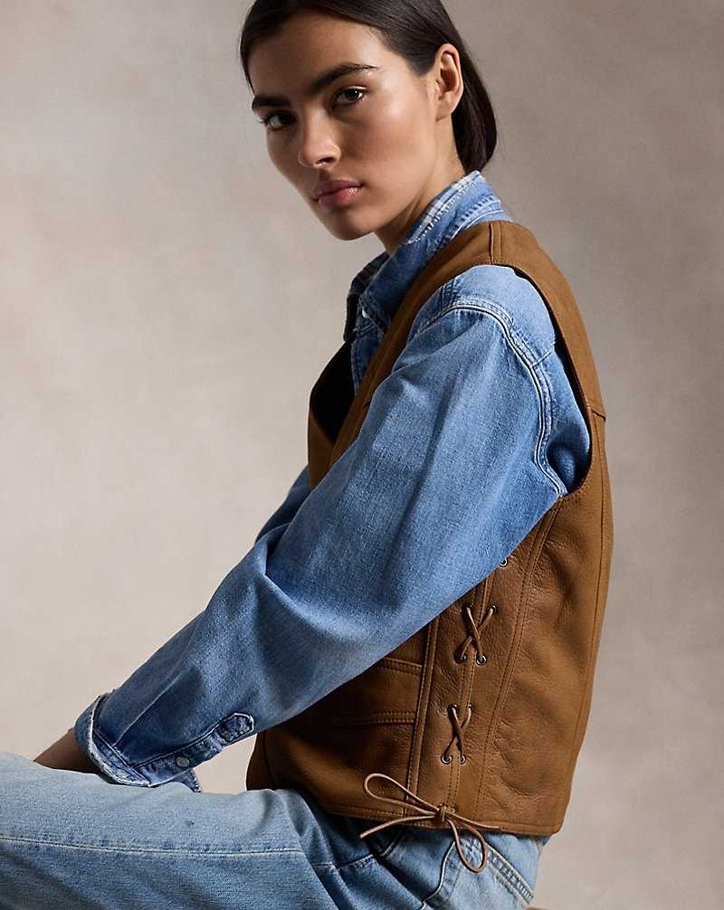 Chamarras Ralph Lauren Deerskin Leather Gilet Mujer Mills Tan | FODNQWI-67 - vista 1