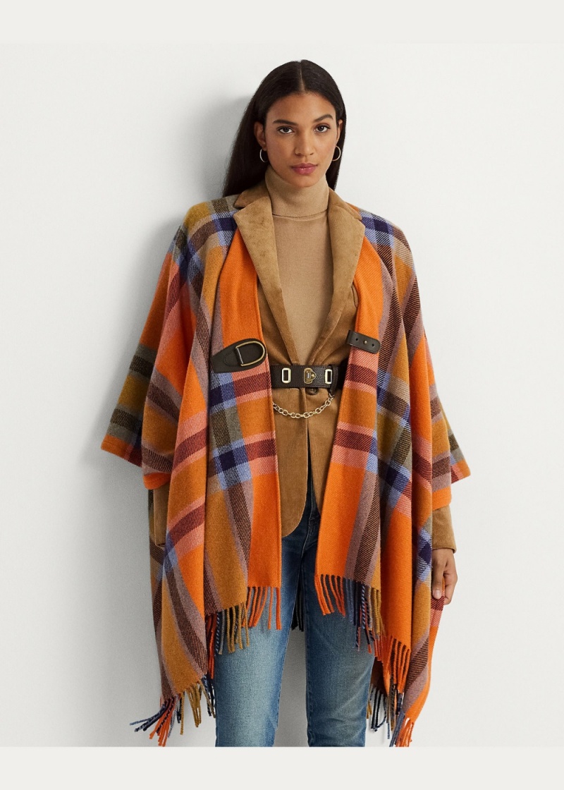 Chamarras Plaid Fringe-Trim Twill Poncho Mujer Multicolor | EIQO76839 - vista 3