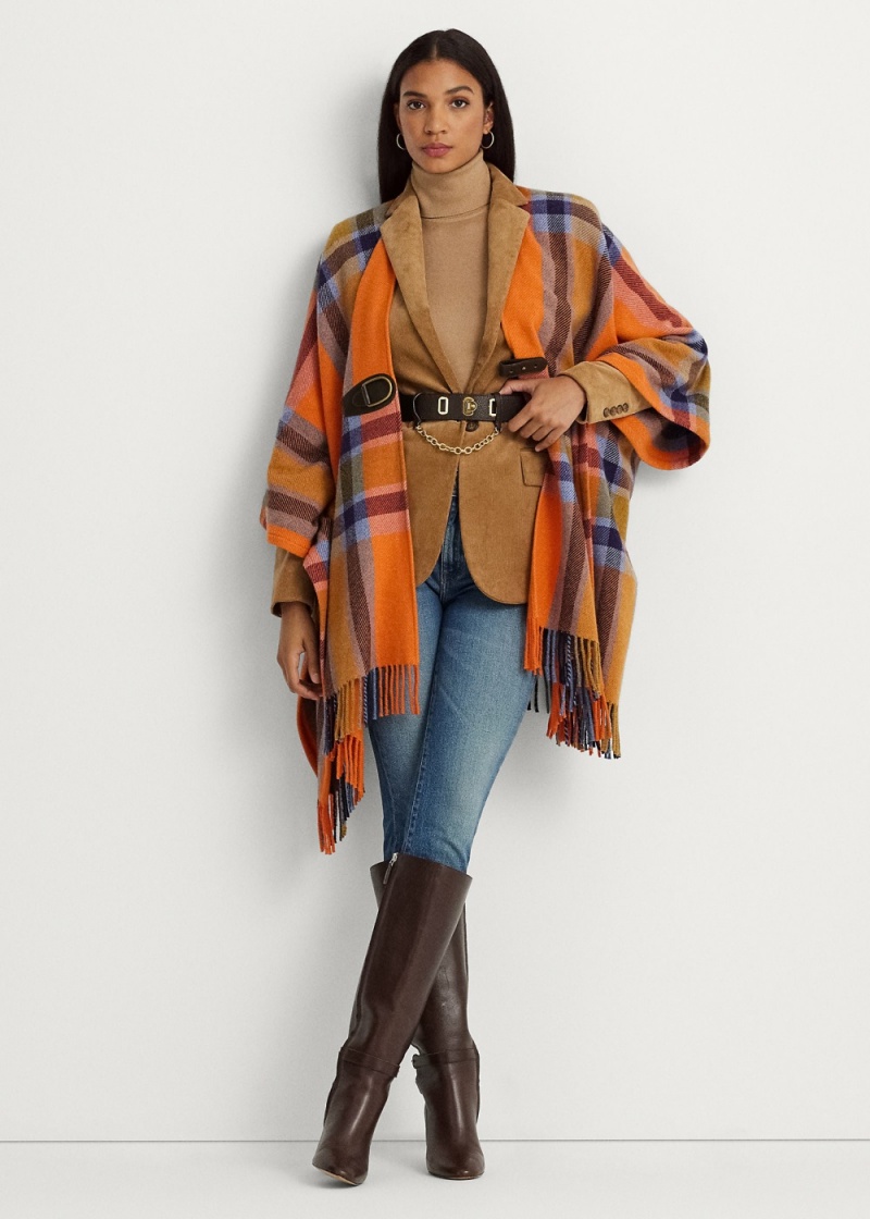Chamarras Plaid Fringe-Trim Twill Poncho Mujer Multicolor | EIQO76839 - vista 1