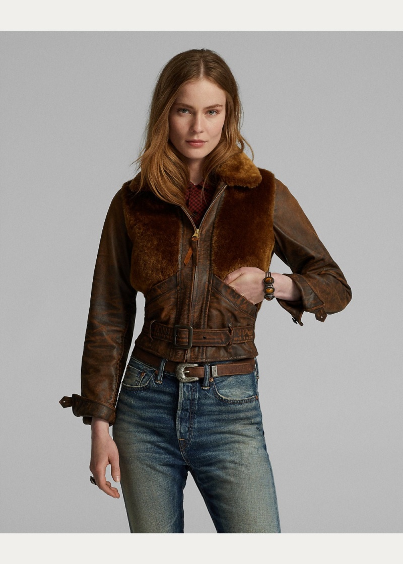 Chamarras Shearling-Paneled Cuero Mujer Marrom | SPLQ18302 - vista 2