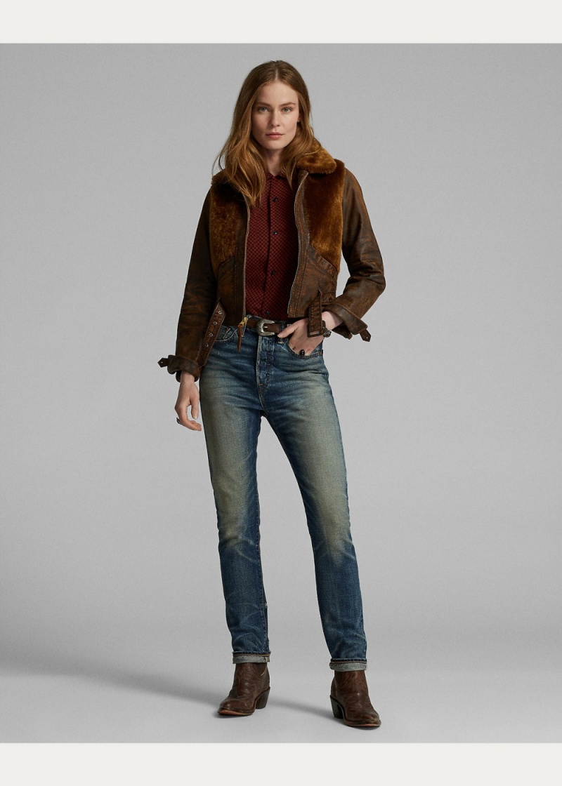 Chamarras Shearling-Paneled Cuero Mujer Marrom | SPLQ18302 - vista 3