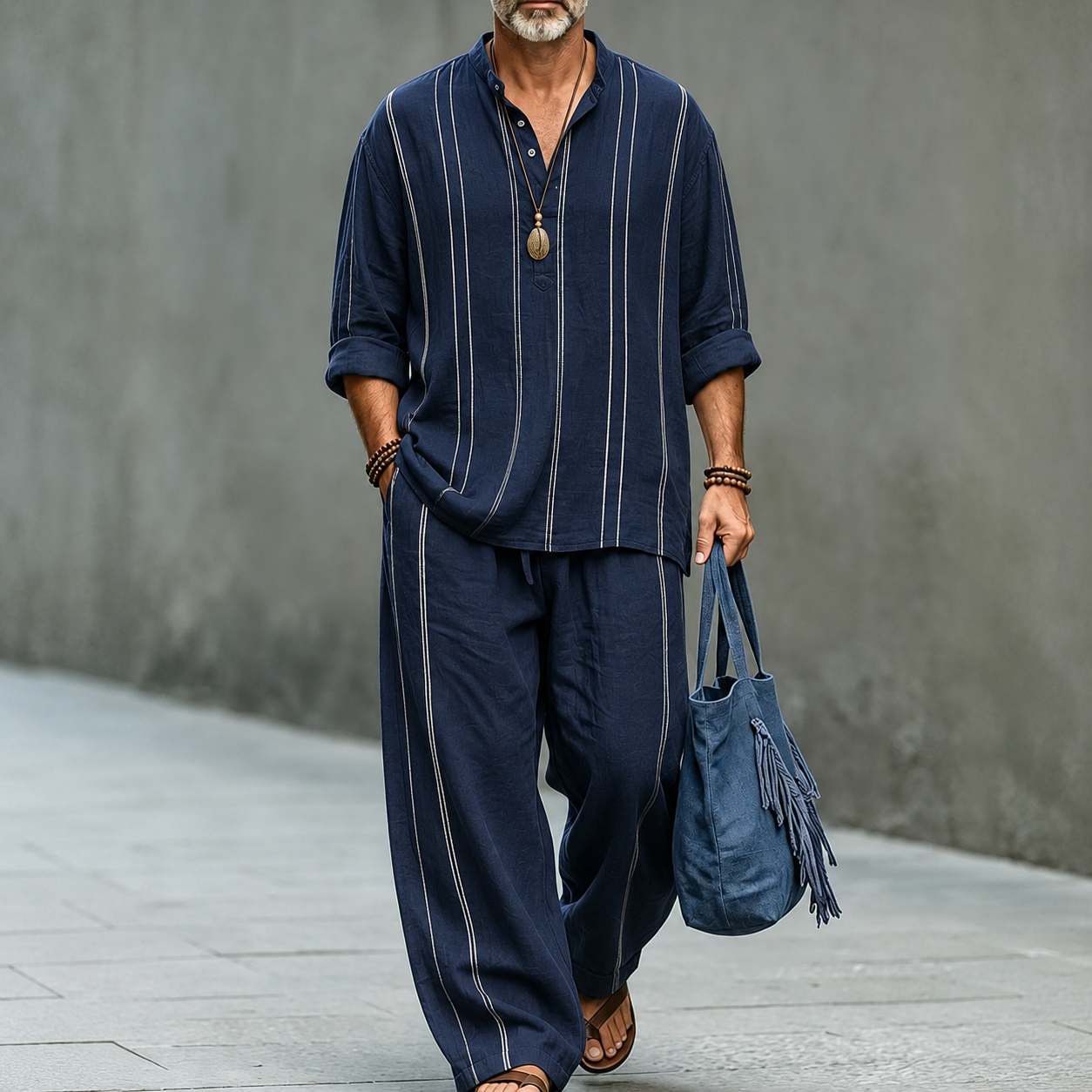 para hombre Navy Vertical Stripe de lino camisa and Wide Leg pantalón conjunto de dos piezas
