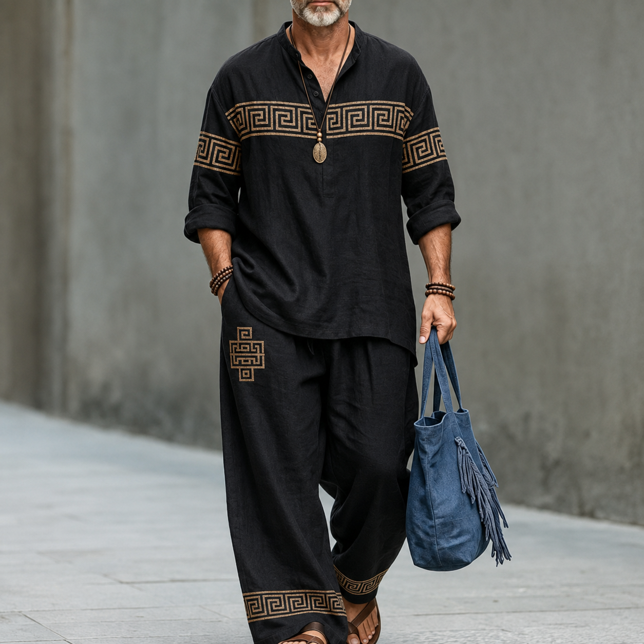 para hombre Black Geometric Border Print de lino Top and pantalón conjunto de dos piezas
