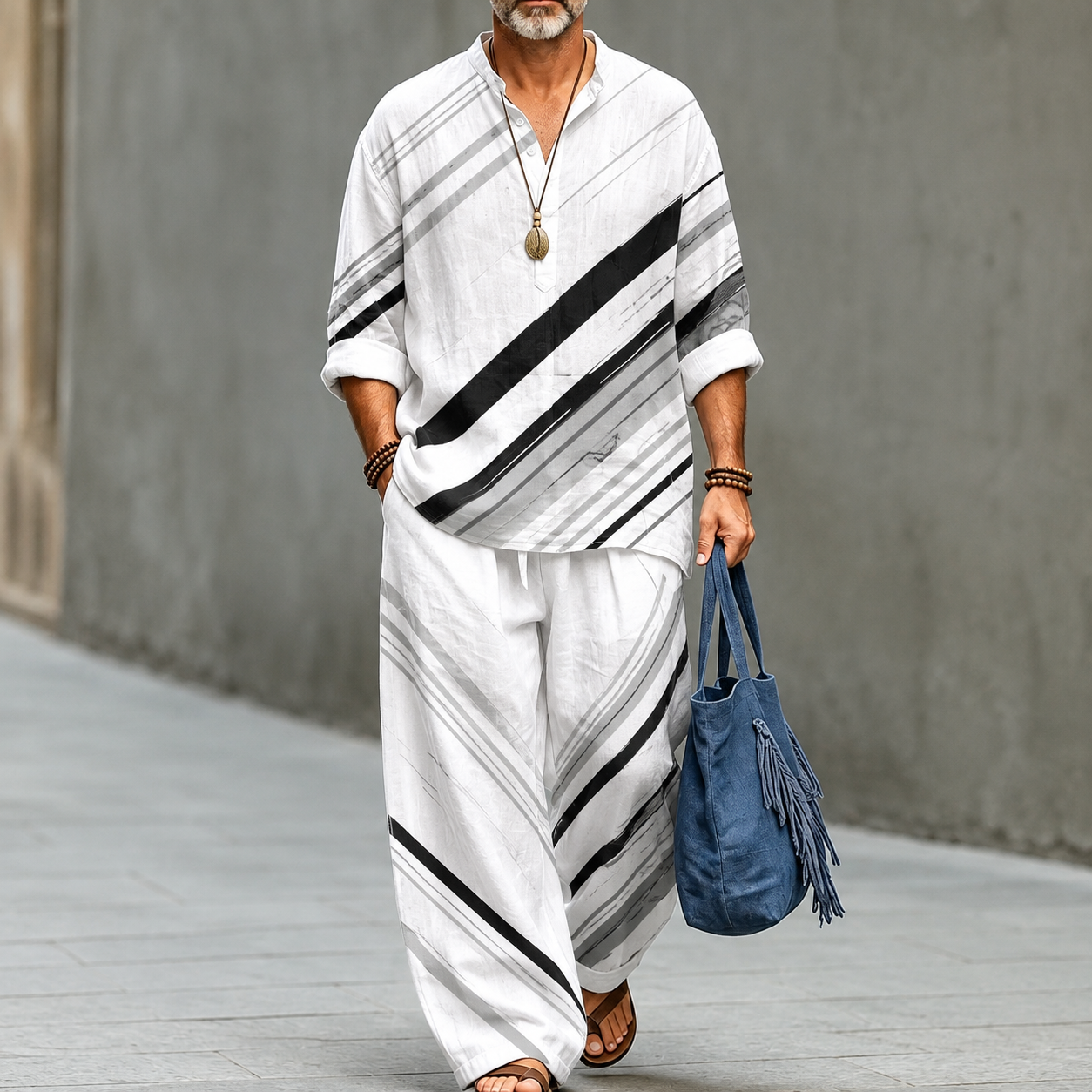 para hombre White Abstract Diagonal Stripe de lino camisa and pantalón conjunto de dos piezas
