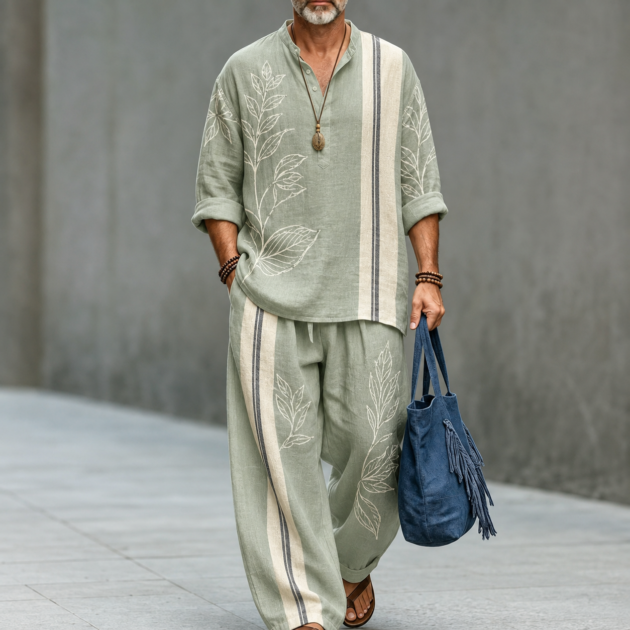 para hombre Sage Green Botanical Stripe de lino Top and Wide Leg pantalón Set