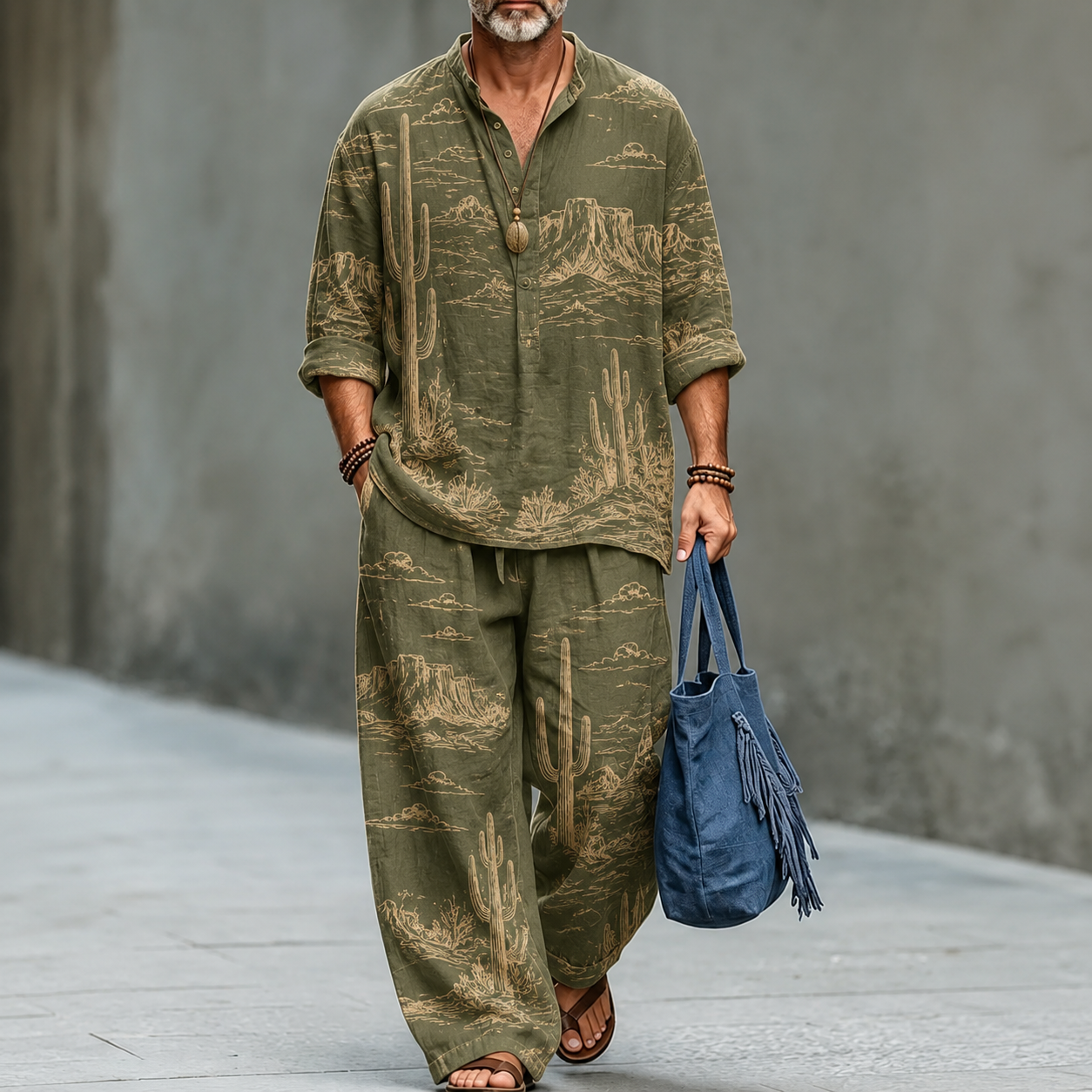 para hombre Olive Green Desert Cactus Print de lino camisa and pantalón conjunto de dos piezas