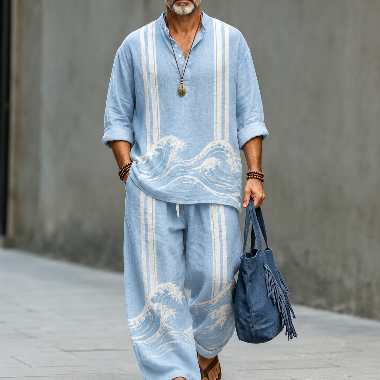 para hombre Sky Blue Wave Print de lino Top and Wide Leg pantalón conjunto de dos piezas