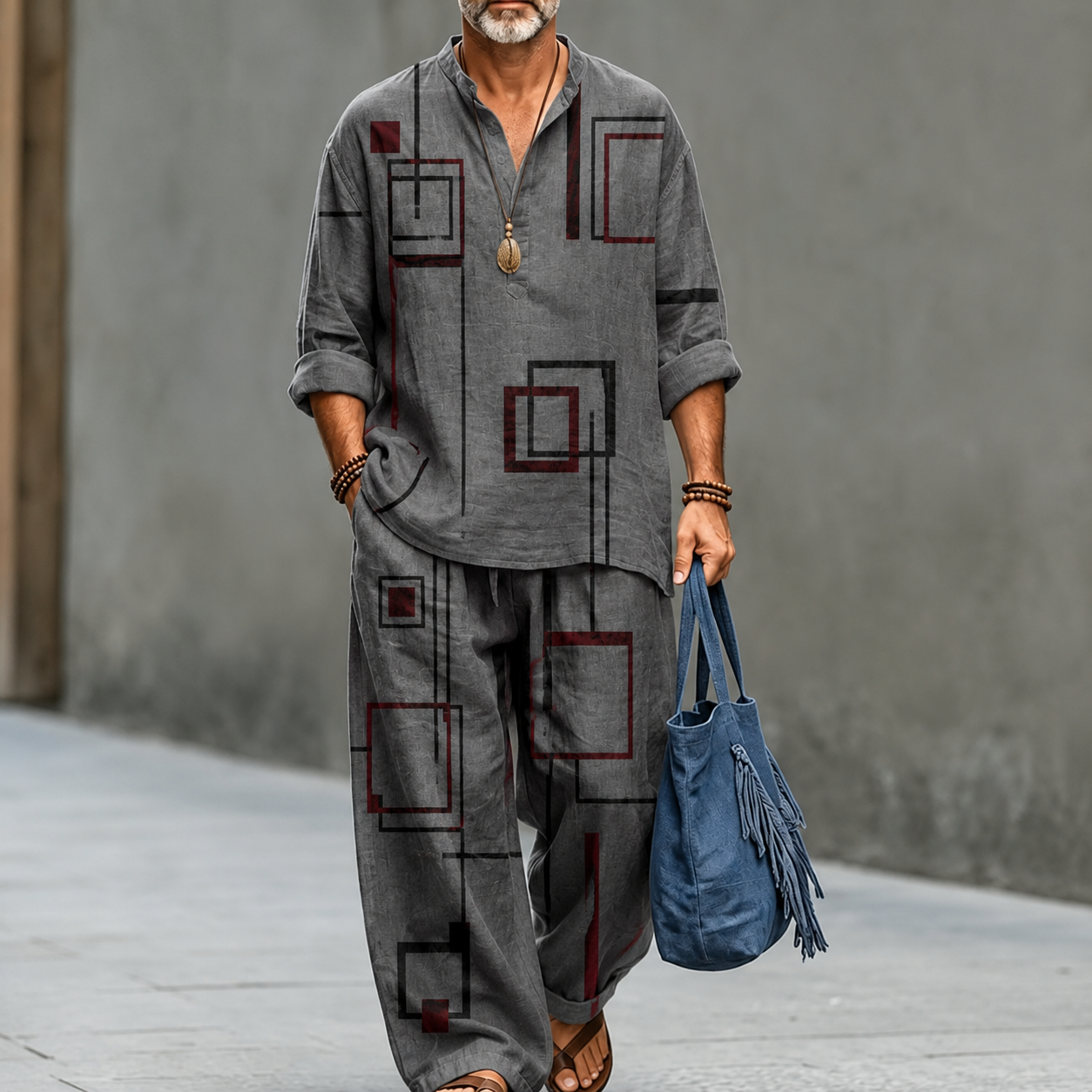 para hombre Charcoal Geometric Print casual de lino camisa and pantalón Set