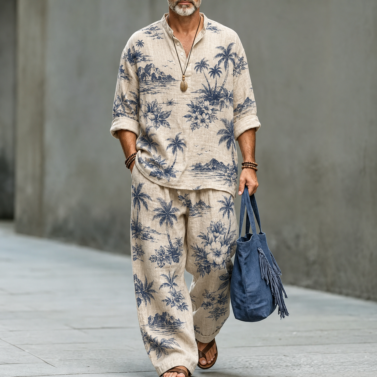 para hombre vintage Tropical Island Print de lino camisa and pantalón conjunto de dos piezas