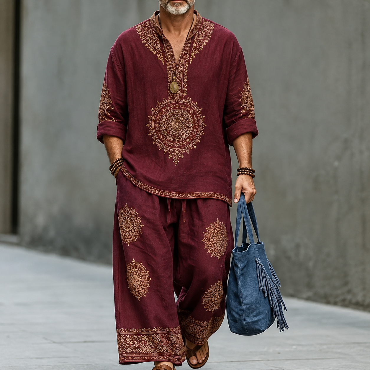 para hombre Burgundy Ornamental Medallion Print de lino Top and pantalón Set