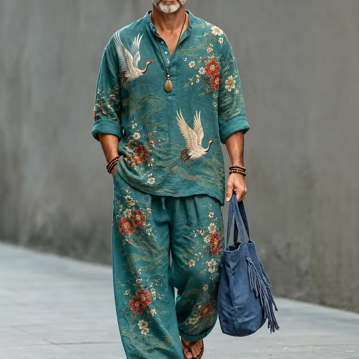 para hombre Teal Crane and floral Print de lino camisa and Wide Leg pantalón Set