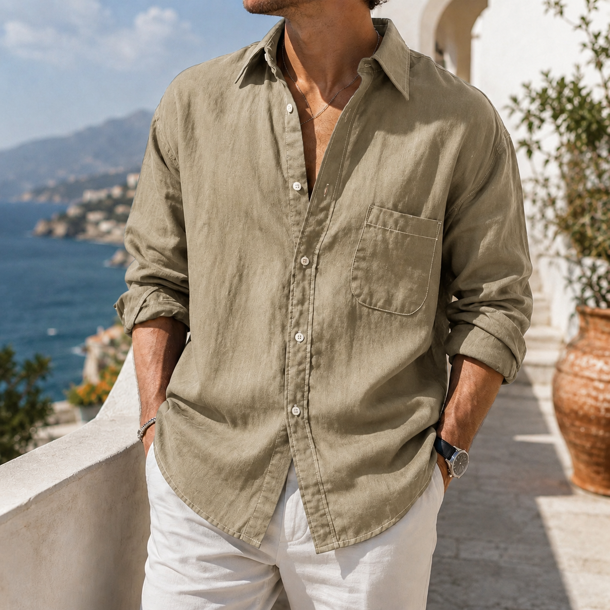 de modainprint para uso diario de algodón-de lino Urban casual de manga larga camisa with Chest Pocket