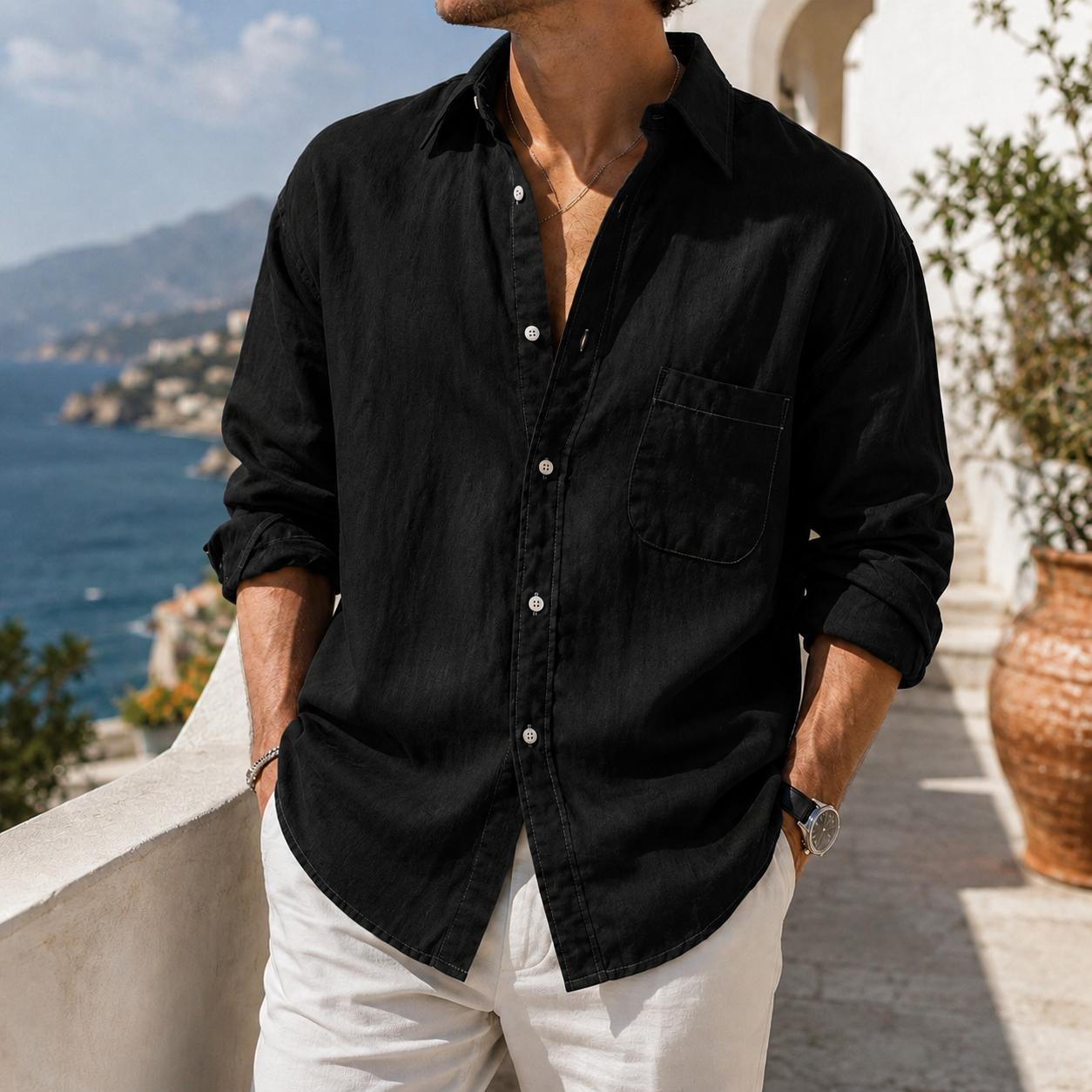 de modainprint para uso diario de algodón-de lino Urban casual de manga larga camisa with Chest Pocket